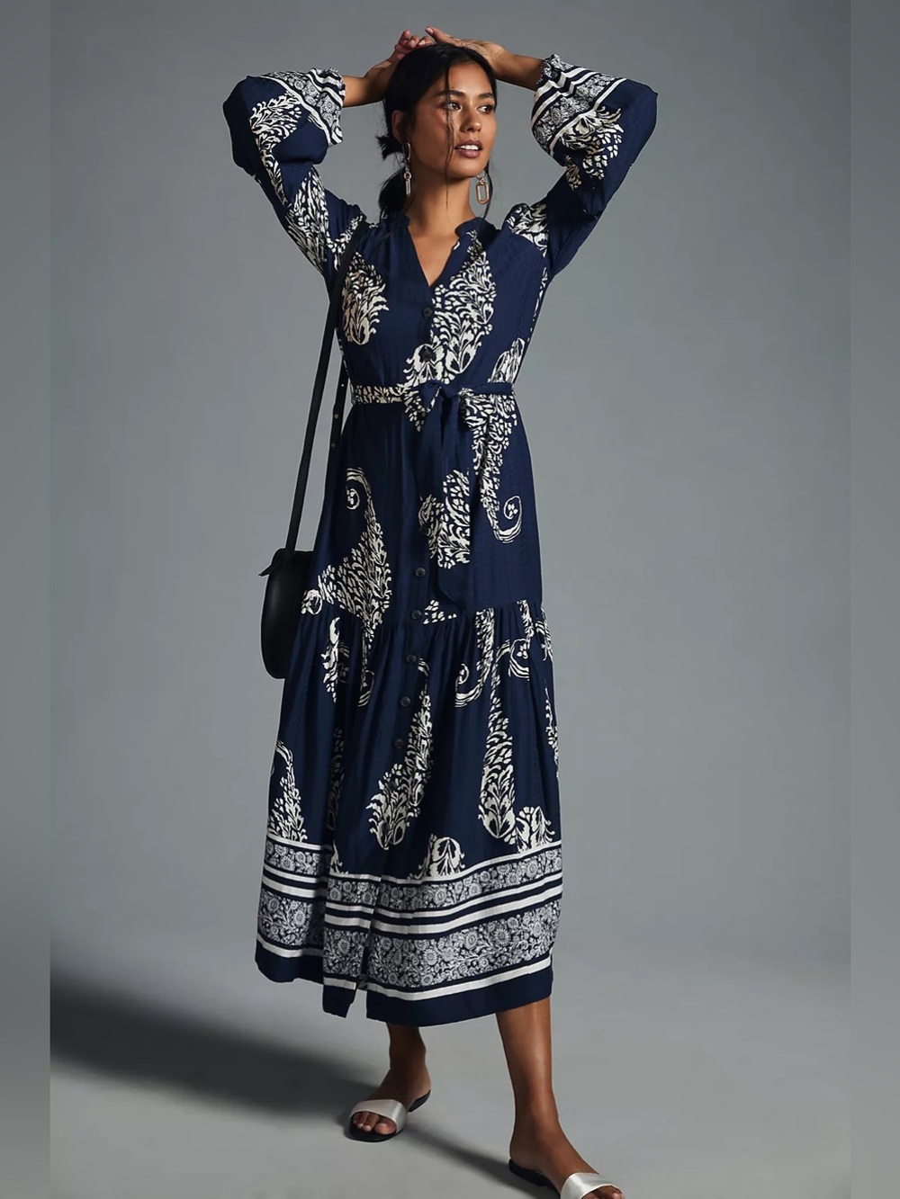 Anthropologie Navy and White Paisley Tiered Buttondown Dress